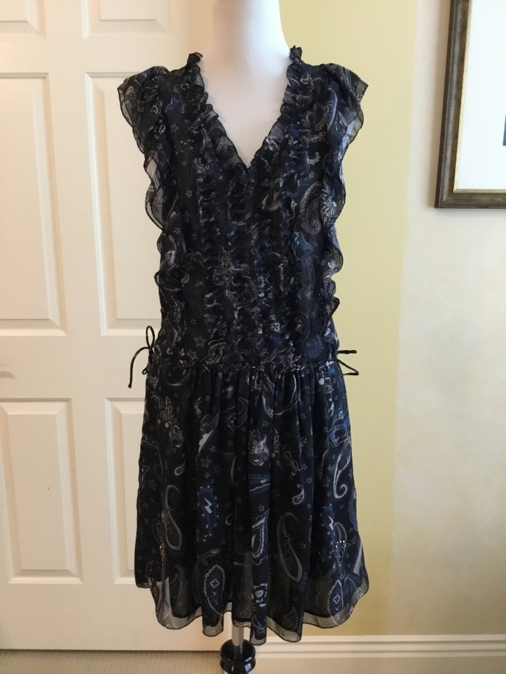 Zadig & Voltaire Rimana Paisley Ruffle Beaded Mini Dress Black Blue